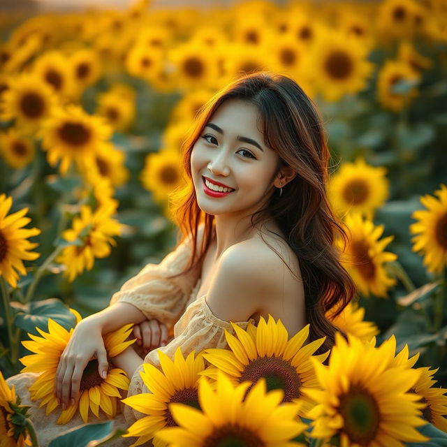 A beautiful Korean woman gracefully sitting on blooming sunflower petals, glancing at the camera with a soft smile