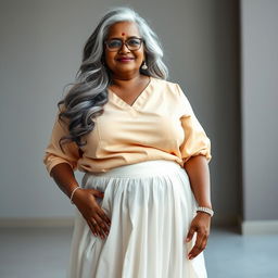 A voluptuous, dark-skinned Indian woman in her 50s, exuding confidence and sensuality