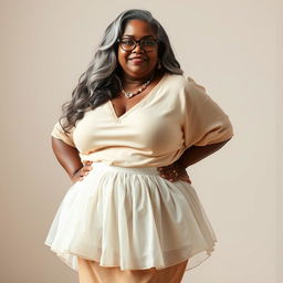 A voluptuous, dark-skinned Indian woman in her 50s, exuding confidence and sensuality