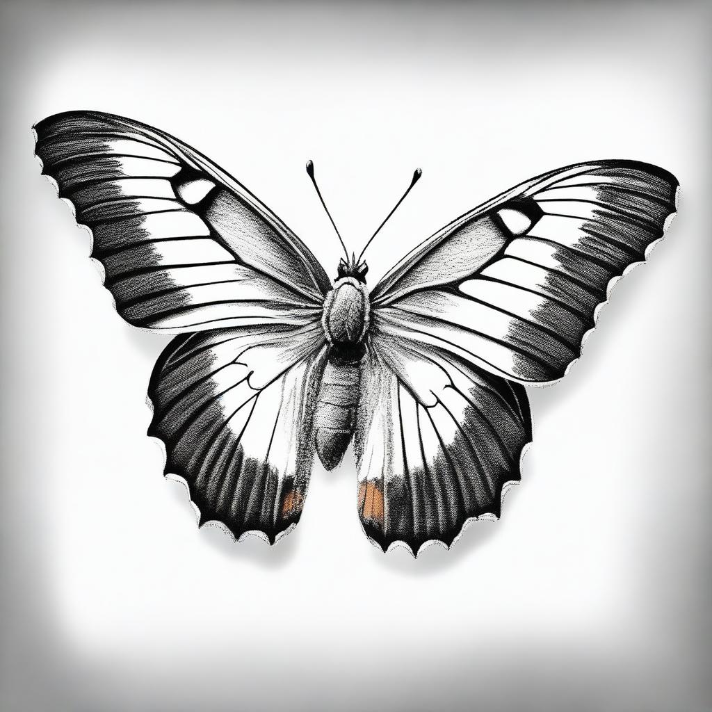 A high-quality graphite pencil sketch, rendered in black and white, captures a charming butterfly