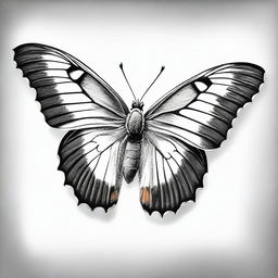 A high-quality graphite pencil sketch, rendered in black and white, captures a charming butterfly