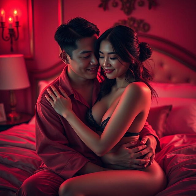 An intimate scene capturing a charming Chinese man in cozy pajamas, gently hugging a sexy, beautiful woman in a luxuriously appointed, red-lit bedroom