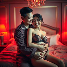 An intimate scene capturing a charming Chinese man in cozy pajamas, gently hugging a sexy, beautiful woman in a luxuriously appointed, red-lit bedroom