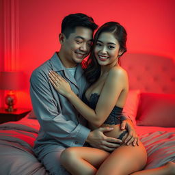 An intimate scene capturing a charming Chinese man in cozy pajamas, gently hugging a sexy, beautiful woman in a luxuriously appointed, red-lit bedroom