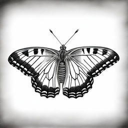 A high-quality graphite pencil sketch, rendered in black and white, captures a charming butterfly