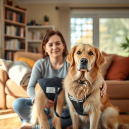 A psychiatric assistance dog, a Golden Retriever, wearing a service vest, sitting beside a calm individual in a cozy, softly-lit living room