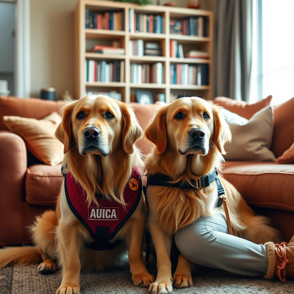 A psychiatric assistance dog, a Golden Retriever, wearing a service vest, sitting beside a calm individual in a cozy, softly-lit living room