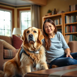 A psychiatric assistance dog, a Golden Retriever, wearing a service vest, sitting beside a calm individual in a cozy, softly-lit living room
