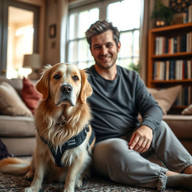 A psychiatric assistance dog, a Golden Retriever, wearing a service vest, sitting beside a calm individual in a cozy, softly-lit living room