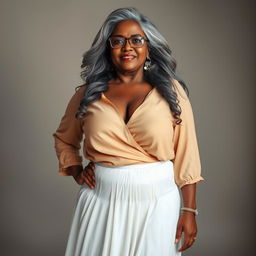 A voluptuous, dark-skinned Indian woman in her 50s, exuding confidence and sensuality