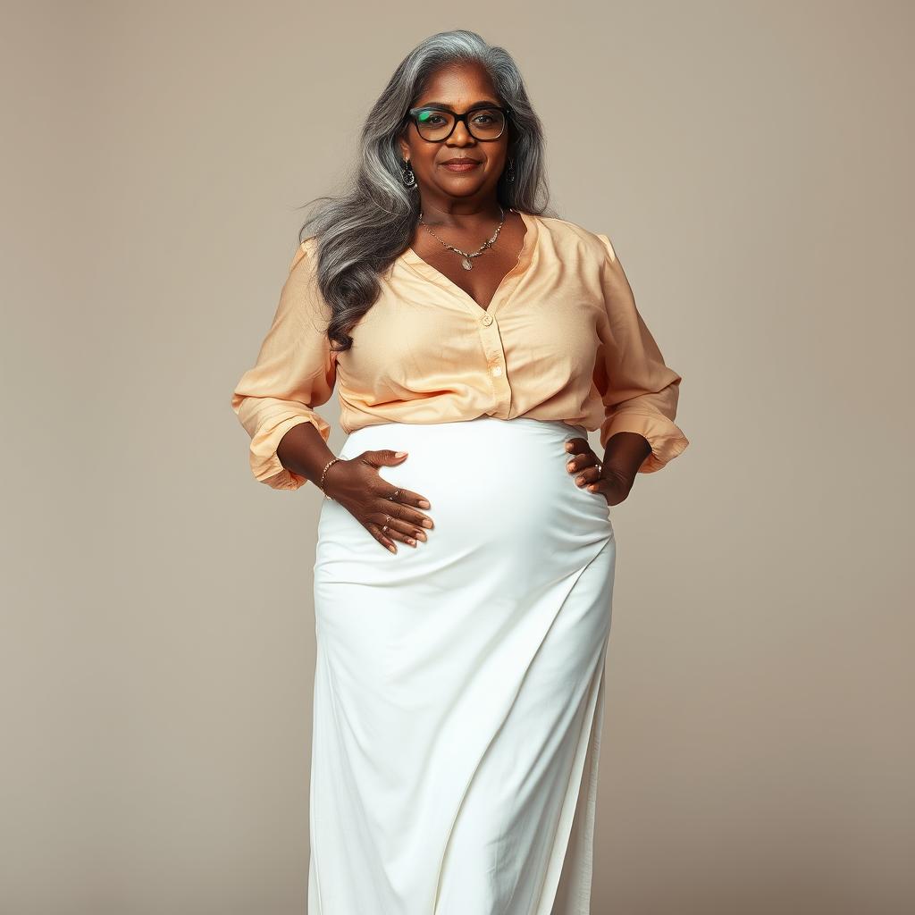 A voluptuous, dark-skinned Indian woman in her 50s, exuding confidence and sensuality