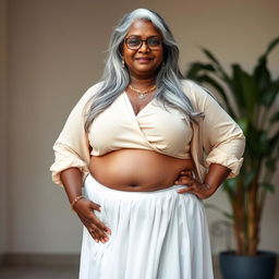A voluptuous, dark-skinned Indian woman in her 50s, exuding confidence and sensuality