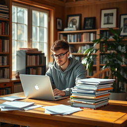 A cozy study room scene featuring a studious young man with glasses, sitting at a wooden desk stacked with books and papers