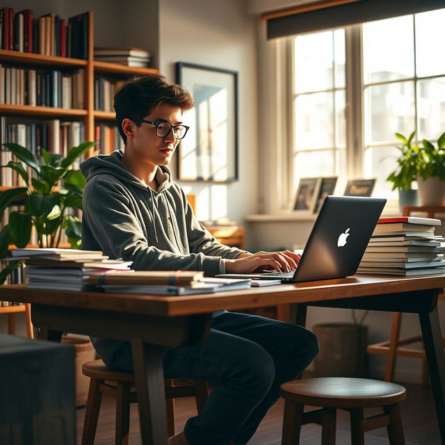 A cozy study room scene featuring a studious young man with glasses, sitting at a wooden desk stacked with books and papers