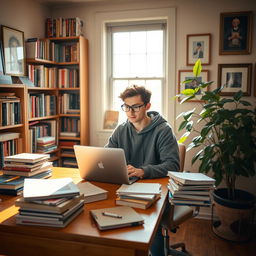 A cozy study room scene featuring a studious young man with glasses, sitting at a wooden desk stacked with books and papers
