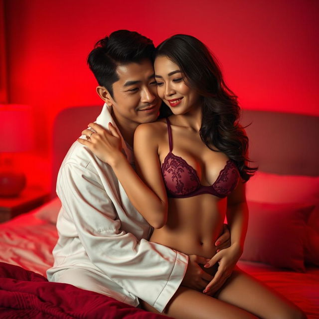 An intimate and tender scene depicting a charming Chinese man in comfortable pajamas, embracing a sexy and beautiful woman in a cozy red-lit bedroom