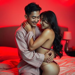 An intimate and tender scene depicting a charming Chinese man in comfortable pajamas, embracing a sexy and beautiful woman in a cozy red-lit bedroom
