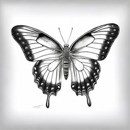 A high-quality graphite pencil sketch, rendered in black and white, captures a charming butterfly
