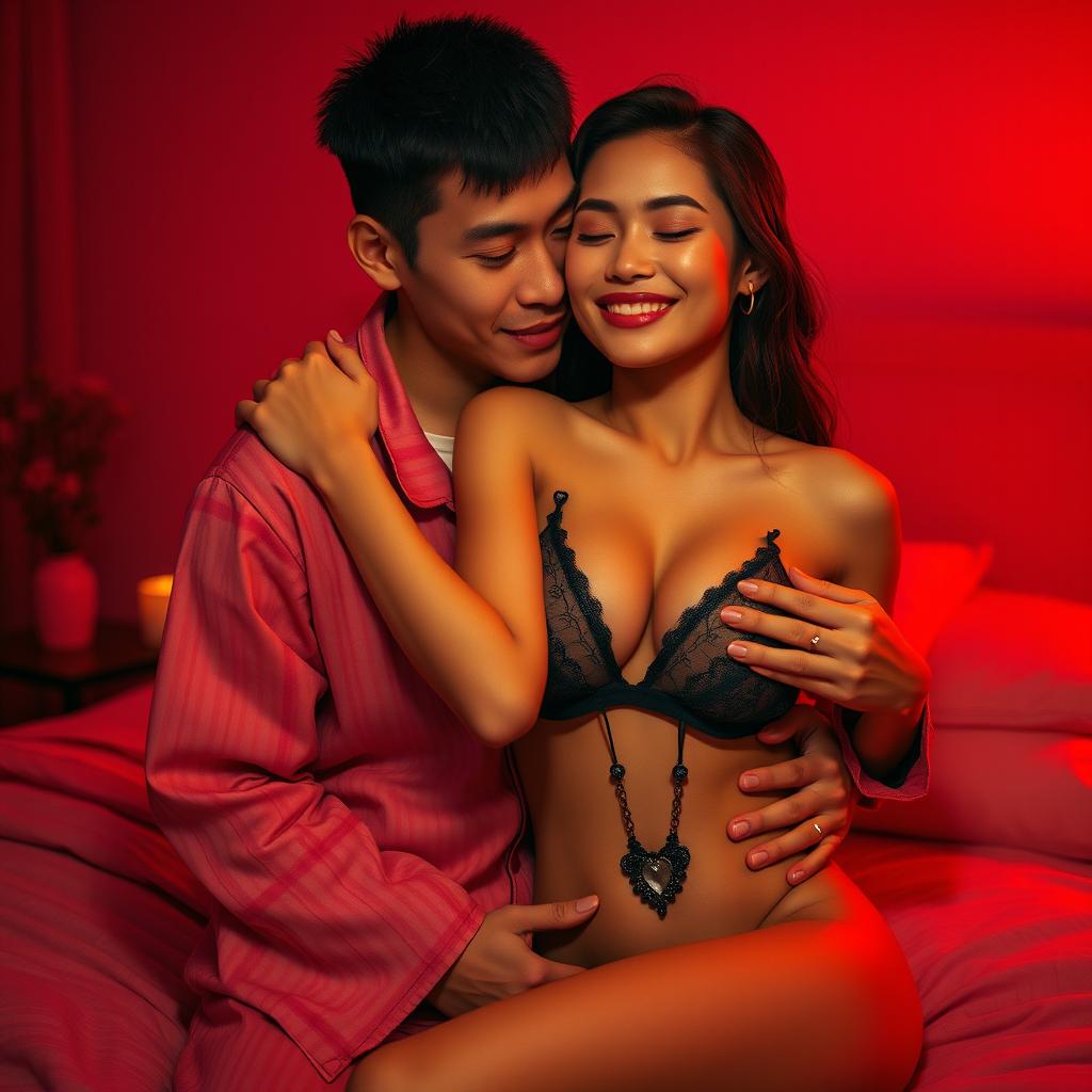 An intimate and atmospheric scene showcasing a charming Chinese man in cozy pajamas, lovingly hugging a sexy and beautiful woman in a warmly lit red bedroom