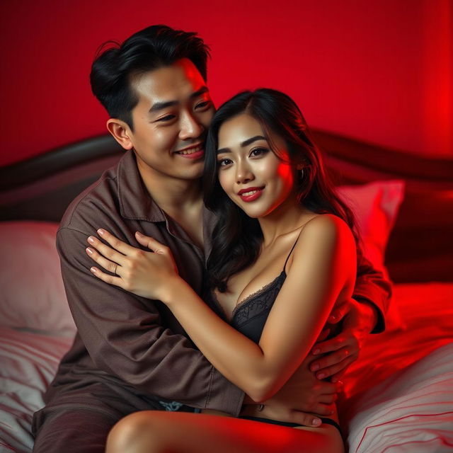 An intimate and atmospheric scene showcasing a charming Chinese man in cozy pajamas, lovingly hugging a sexy and beautiful woman in a warmly lit red bedroom