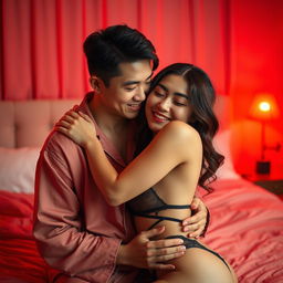 An intimate and atmospheric scene showcasing a charming Chinese man in cozy pajamas, lovingly hugging a sexy and beautiful woman in a warmly lit red bedroom