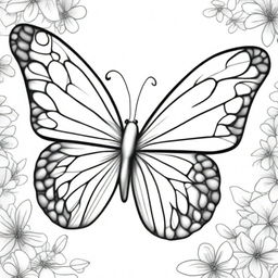 A black and white image of a meticulously drawn butterfly, ideal for a children's book