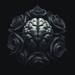 A striking and eerie design featuring a human brain at the center of the image, surrounded by black roses with subtle red stains