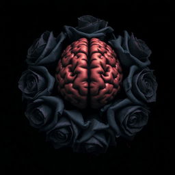A striking and eerie design featuring a human brain at the center of the image, surrounded by black roses with subtle red stains