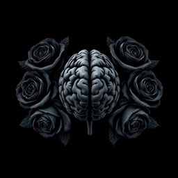 A striking and eerie design featuring a human brain at the center of the image, surrounded by black roses with subtle red stains