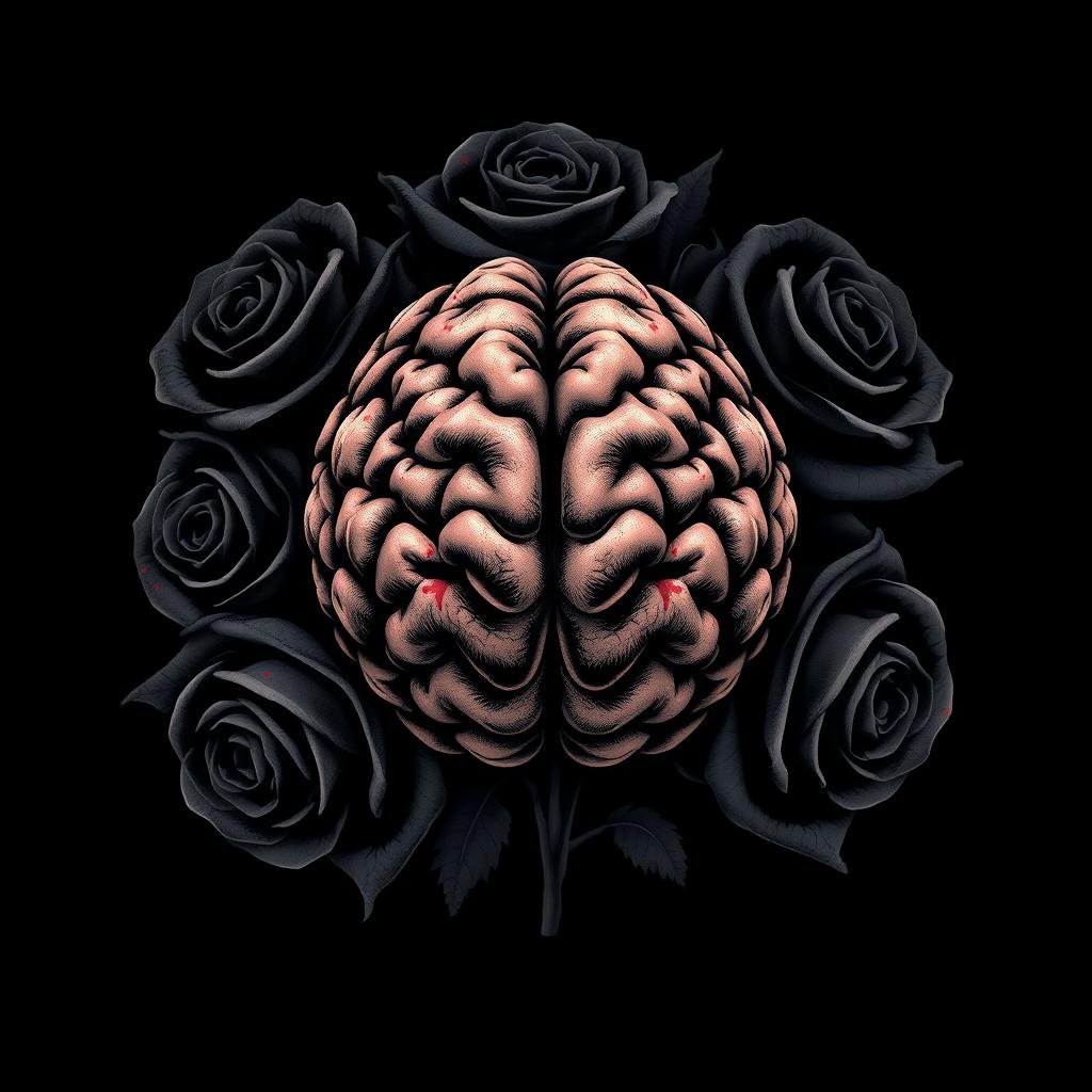 A striking and eerie design featuring a human brain at the center of the image, surrounded by black roses with subtle red stains