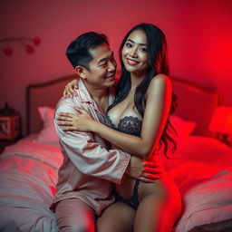 A heartfelt scene of a charming Chinese man in soft pajamas tenderly hugging a sexy, beautiful woman in a cozy, red-lit bedroom