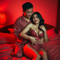 A heartfelt scene of a charming Chinese man in soft pajamas tenderly hugging a sexy, beautiful woman in a cozy, red-lit bedroom