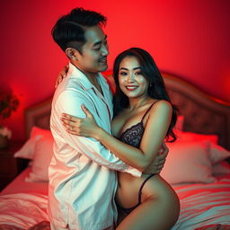 A heartfelt scene of a charming Chinese man in soft pajamas tenderly hugging a sexy, beautiful woman in a cozy, red-lit bedroom