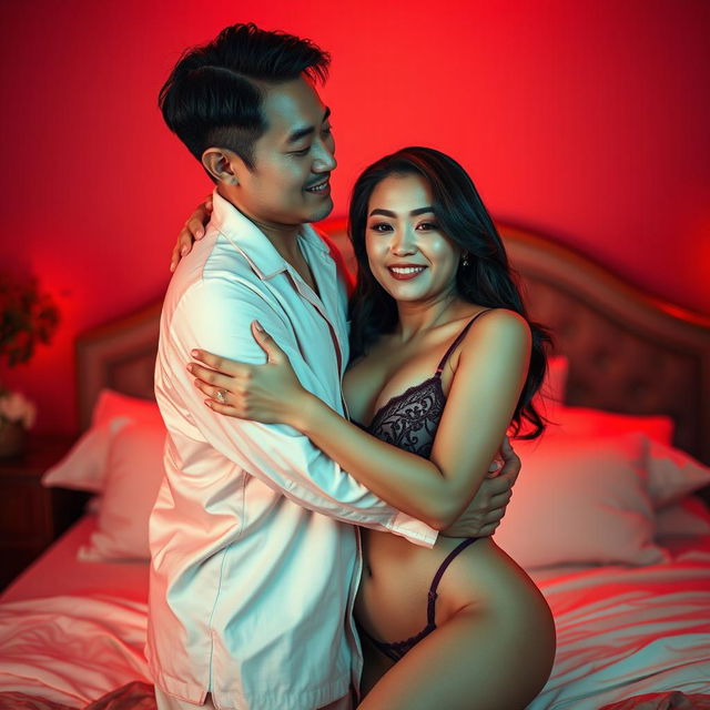A heartfelt scene of a charming Chinese man in soft pajamas tenderly hugging a sexy, beautiful woman in a cozy, red-lit bedroom