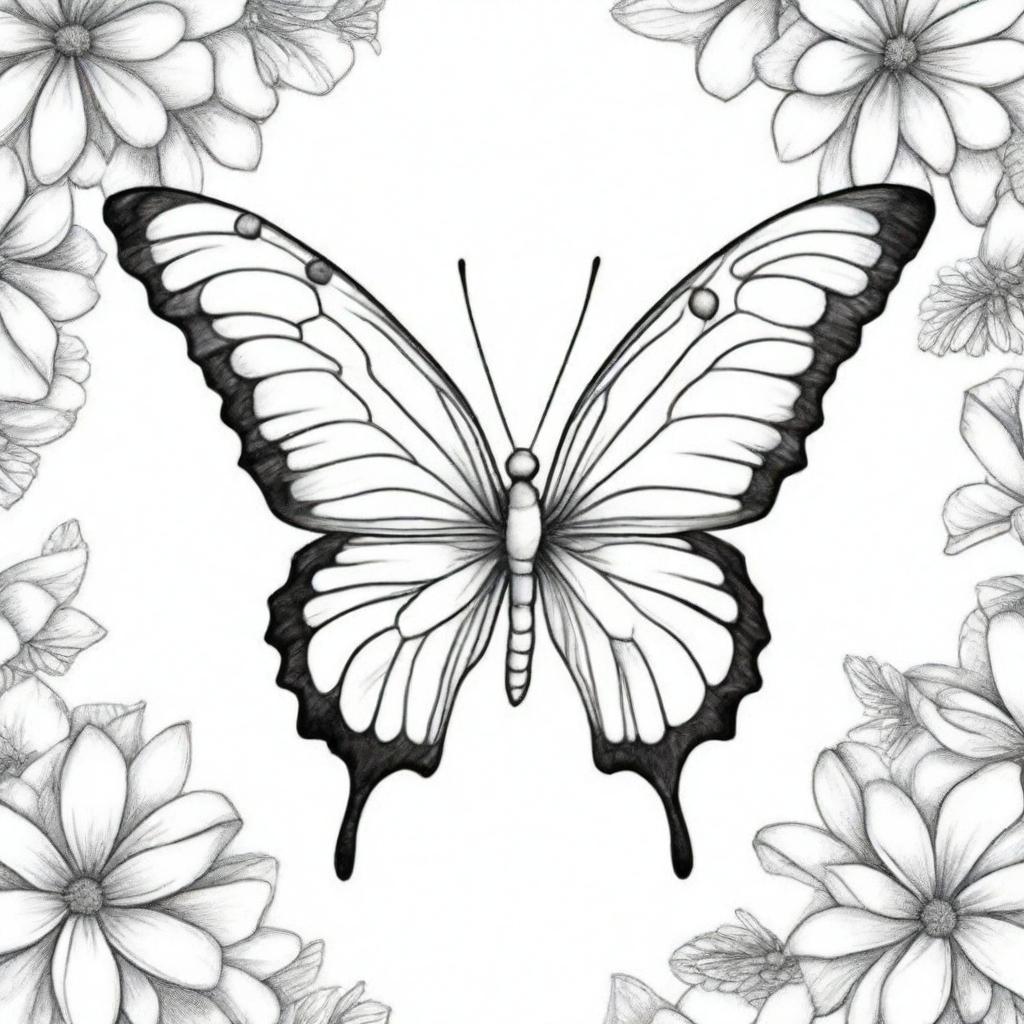 A black and white image of a meticulously drawn butterfly, ideal for a children's book