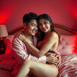 A romantic scene featuring a charming Chinese man in soft pajamas, embracing a sexy and beautiful woman in a cozy red-lit bedroom