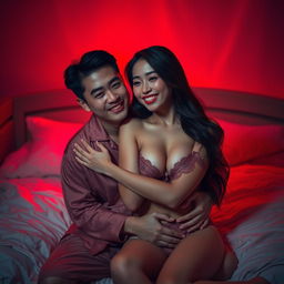A romantic scene featuring a charming Chinese man in soft pajamas, embracing a sexy and beautiful woman in a cozy red-lit bedroom