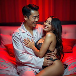 A romantic scene featuring a charming Chinese man in soft pajamas, embracing a sexy and beautiful woman in a cozy red-lit bedroom