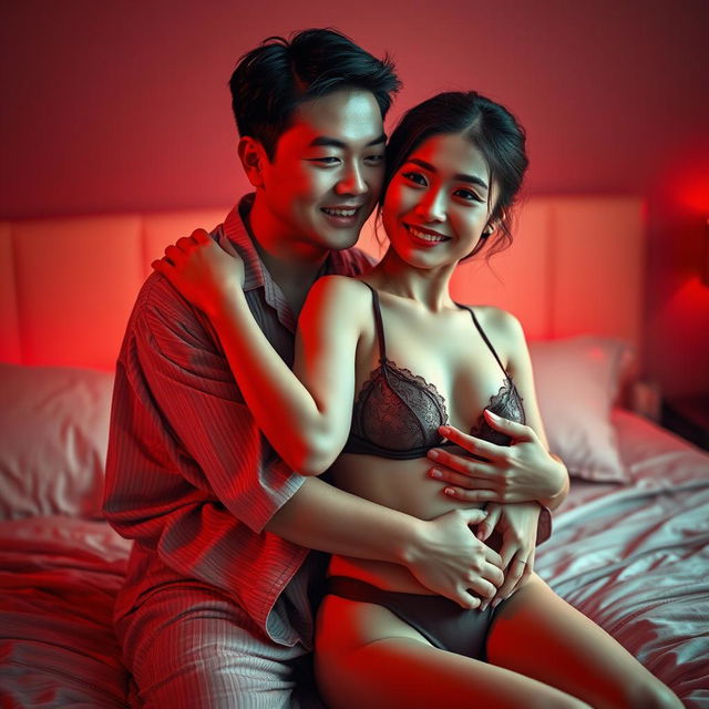 A romantic scene featuring a charming Chinese man in soft pajamas, embracing a sexy and beautiful woman in a cozy red-lit bedroom