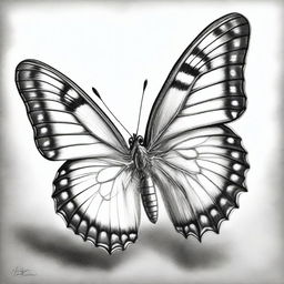 A light black and white graphite pencil drawing, showcasing the delicate intricacy of butterflies