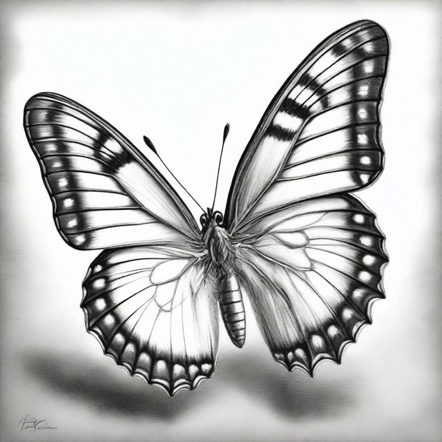 A light black and white graphite pencil drawing, showcasing the delicate intricacy of butterflies