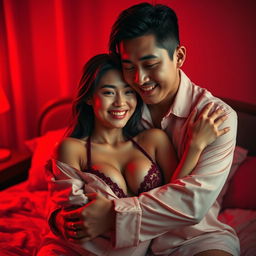 A romantic scene capturing a charming Chinese man in soft pajamas embracing a sexy, beautiful woman in a cozy red-lit bedroom