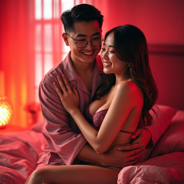 A romantic scene capturing a charming Chinese man in soft pajamas embracing a sexy, beautiful woman in a cozy red-lit bedroom