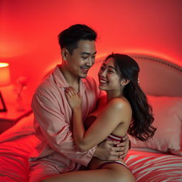 A romantic scene capturing a charming Chinese man in soft pajamas embracing a sexy, beautiful woman in a cozy red-lit bedroom
