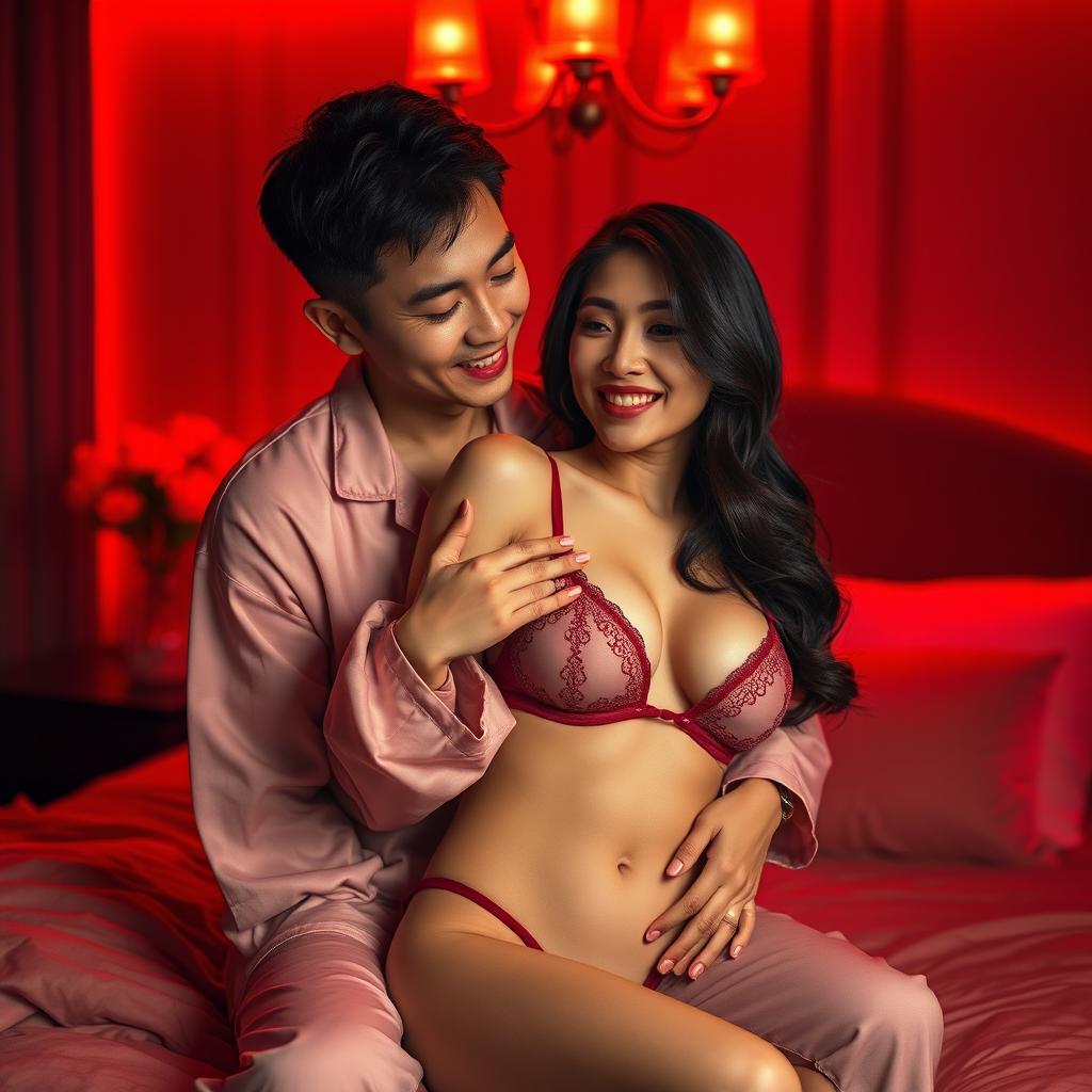 A romantic scene capturing a charming Chinese man in soft pajamas embracing a sexy, beautiful woman in a cozy red-lit bedroom