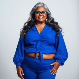 A sensual and voluptuous dusky Indian woman in her 50s, radiating confidence and charm