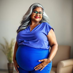 A sensual and voluptuous dusky Indian woman in her 50s, radiating confidence and charm