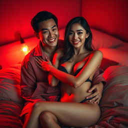 A cozy scene depicting a charming Chinese man in soft, comfortable pajamas, warmly embracing a sexy and beautiful woman in a softly lit red bedroom