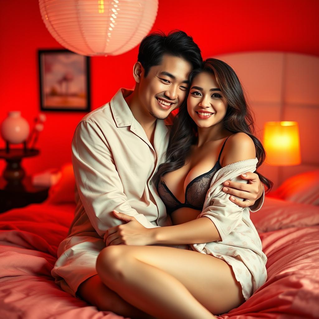 A cozy scene depicting a charming Chinese man in soft, comfortable pajamas, warmly embracing a sexy and beautiful woman in a softly lit red bedroom