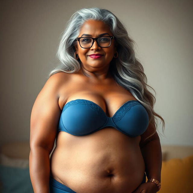 A sensual and voluptuous dusky Indian woman in her 50s, confidently displaying her beauty